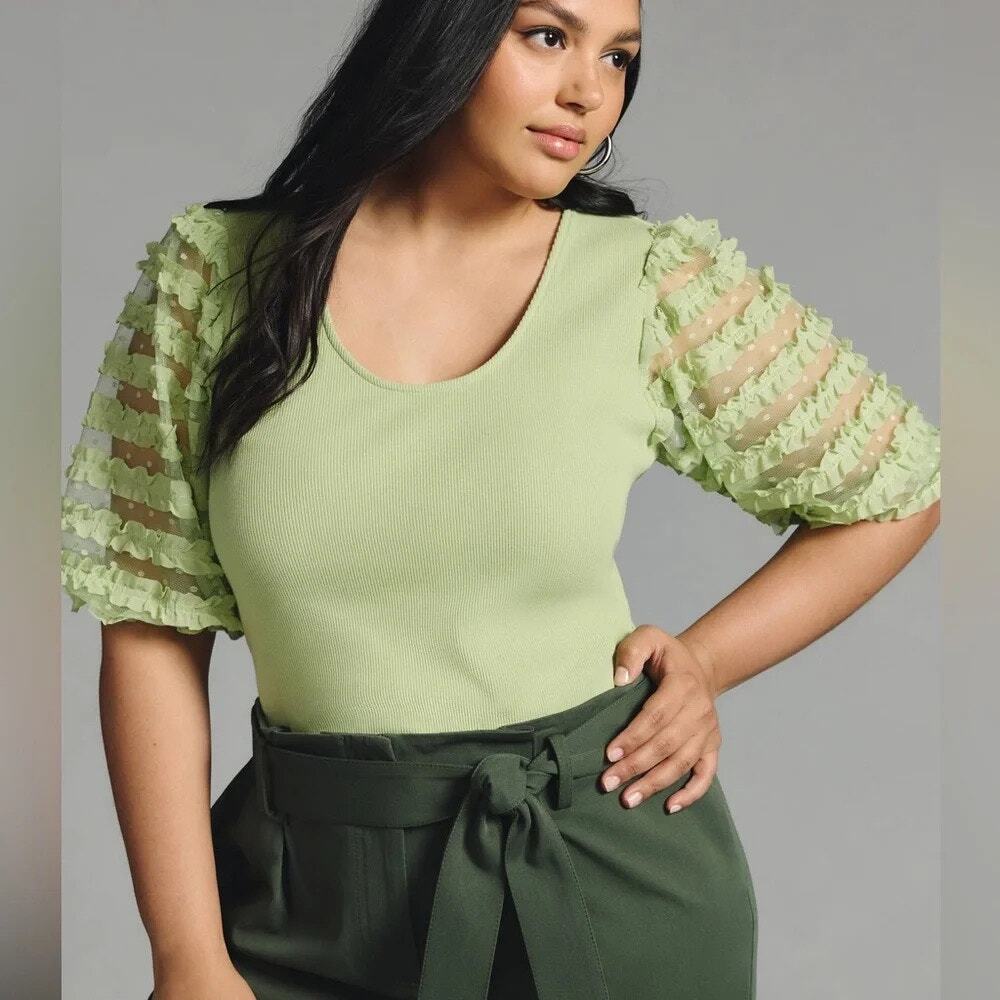 Anthropologie Dolan Womens Size Large Green Ribbed Ruffle Sleeve Top